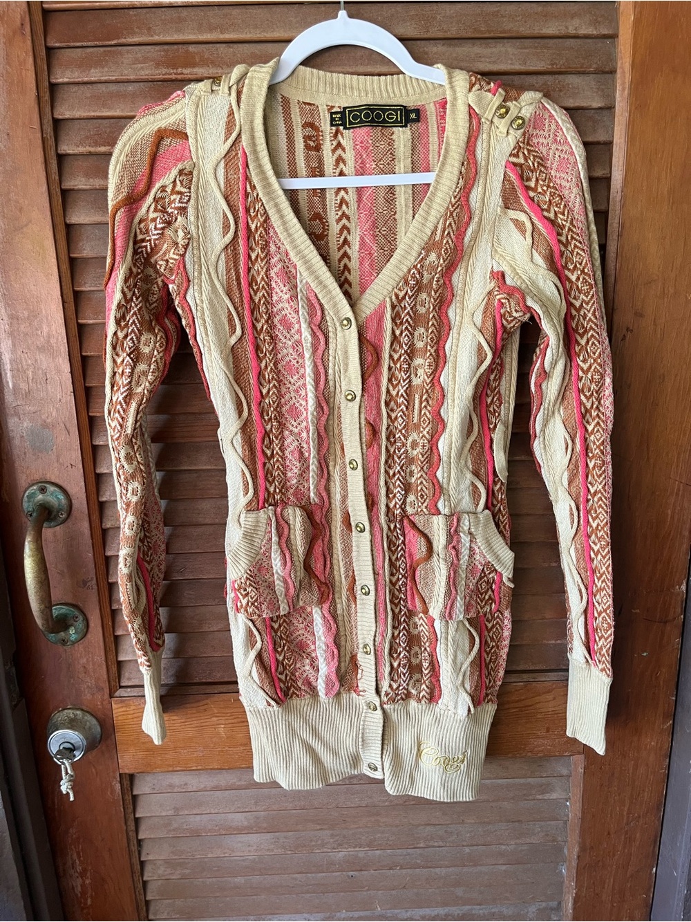 COOGI Women's Cream, Pink & Brown Patterned V-Neck Cardigan